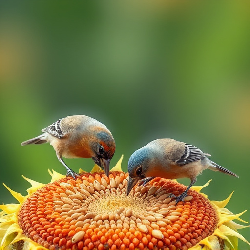 Birds feeding on sunflower seeds