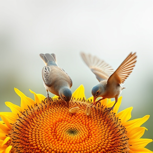 Birds feeding on sunflower seeds