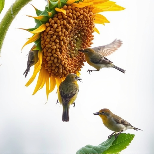 Birds feeding on sunflower seeds