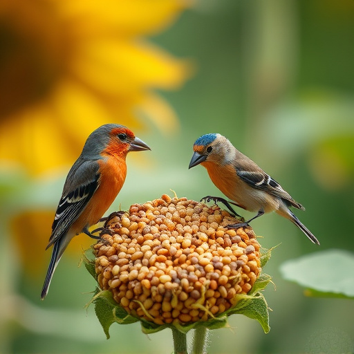 Birds feeding on sunflower seeds