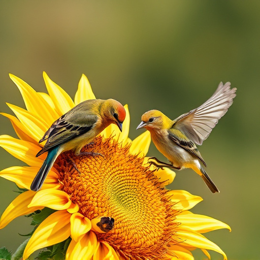 Birds feeding on sunflower seeds
