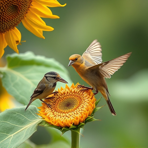 Birds feeding on sunflower seeds