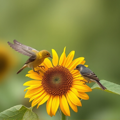 Birds feeding on sunflower seeds