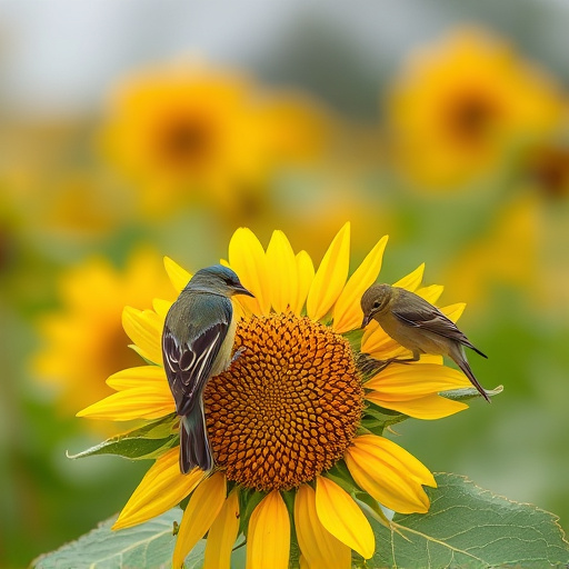 Birds feeding on sunflower seeds