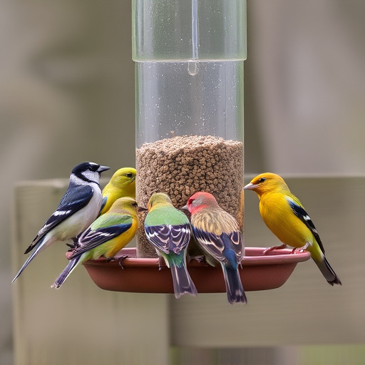 Birds feeding on suspended platform feeder