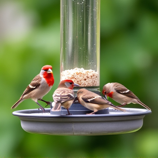 Birds feeding on suspended platform feeder