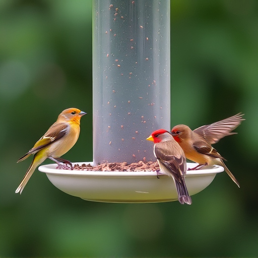 Birds feeding on suspended platform feeder