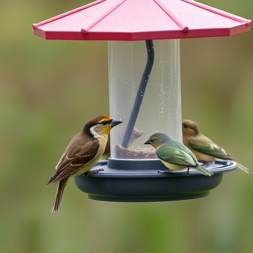Birds feeding on waterproof feeder
