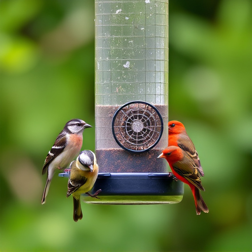 Birds feeding on waterproof feeder