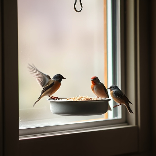 Birds feeding on window bird feeder