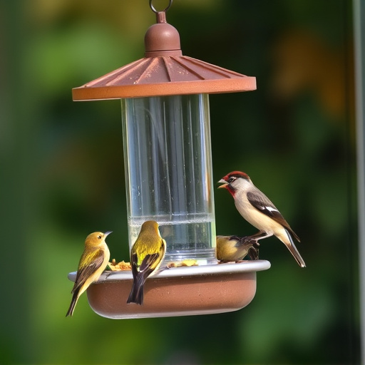 Birds feeding on window bird feeder