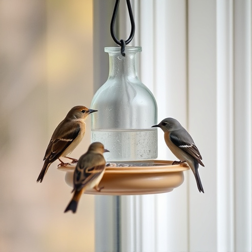 Birds feeding on window bird feeder
