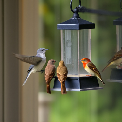 Birds feeding on window bird feeder