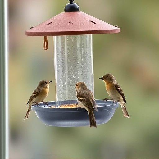 Birds feeding on window bird feeder