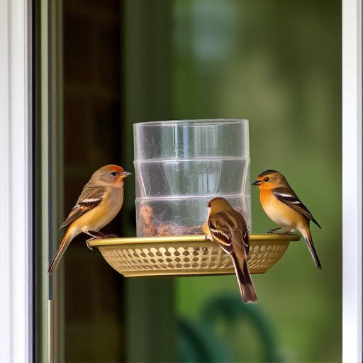 Birds feeding on window bird feeder