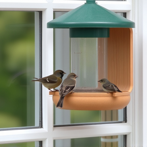 Birds feeding on window bird feeder