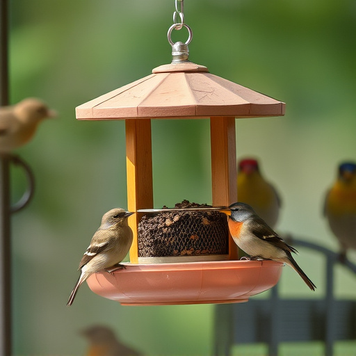 Birds feeding on window bird feeder