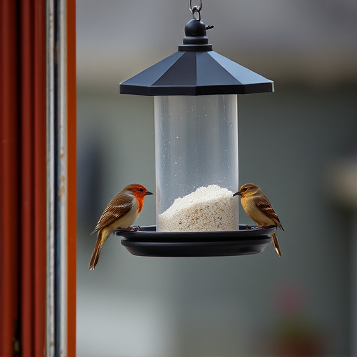 Birds feeding on window bird feeder