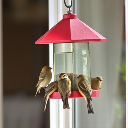 Birds feeding on window bird feeder