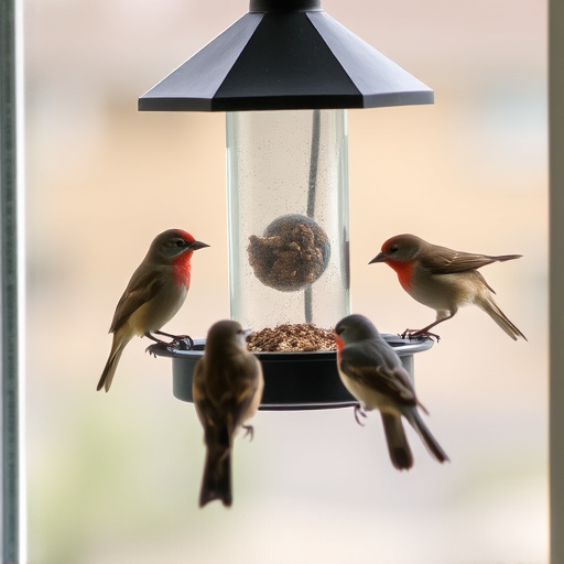 Birds feeding on window bird feeder