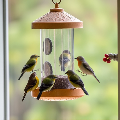 Birds feeding on window bird feeder