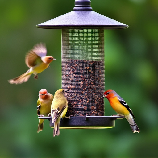 Birds feeding safely from anti-squirrel feeder