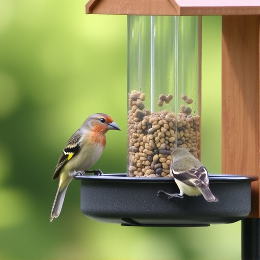 Birds feeding safely from anti-squirrel feeder