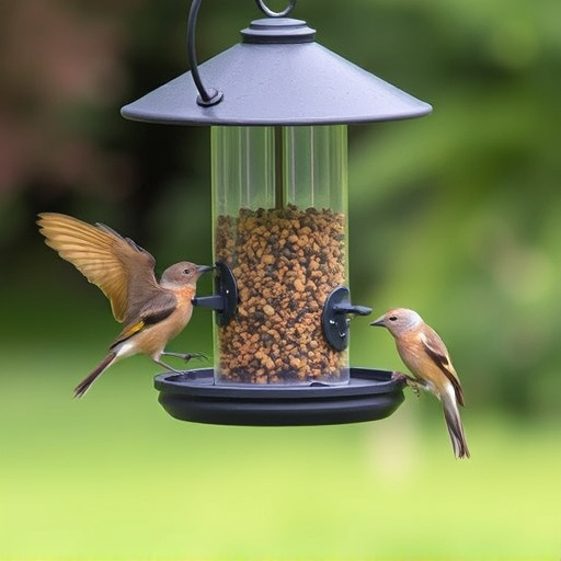 Birds feeding safely from anti-squirrel feeder