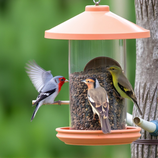 Birds feeding safely from anti-squirrel feeder