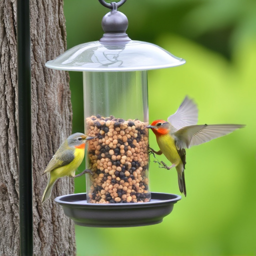 Birds feeding safely from anti-squirrel feeder
