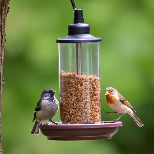 Birds feeding safely from anti-squirrel feeder