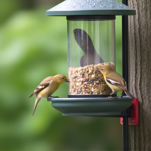 Birds feeding safely from anti-squirrel feeder