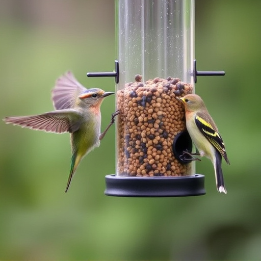 Birds feeding safely from anti-squirrel feeder