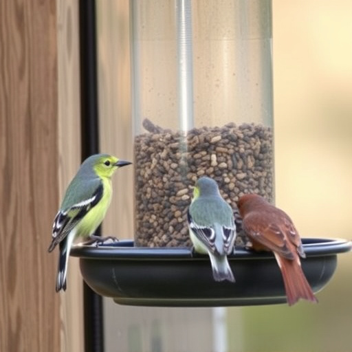 Birds feeding safely from anti-squirrel feeder
