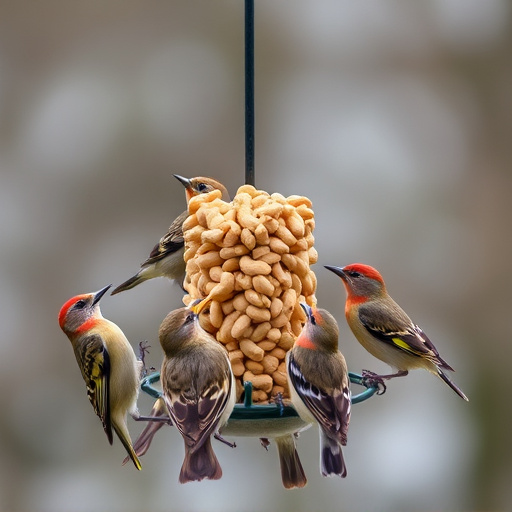 Birds gathered around peanut feeder