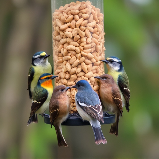 Birds gathered around peanut feeder