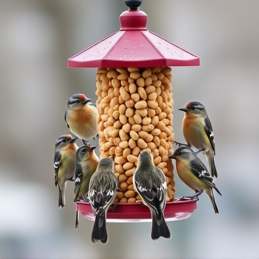 Birds gathered around peanut feeder
