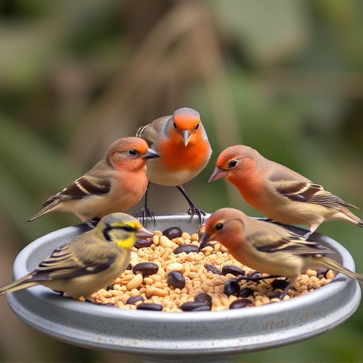 Birds gathered around seed-filled tray