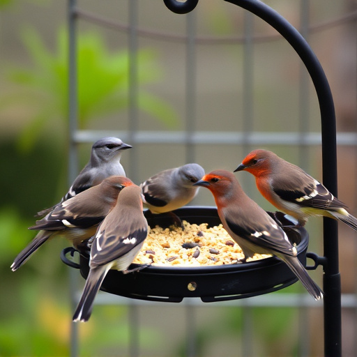 Birds gathered around seed-filled tray