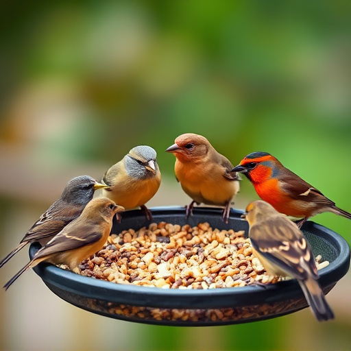 Birds gathered around seed-filled tray