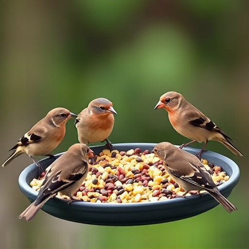 Birds gathered around seed-filled tray