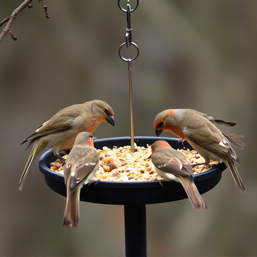 Birds gathered around seed-filled tray