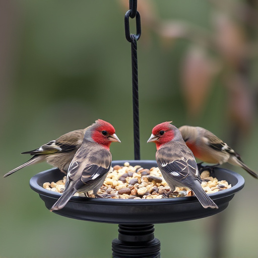 Birds gathered around seed-filled tray