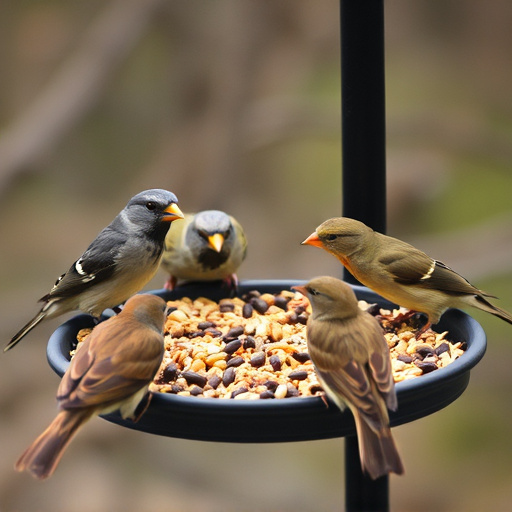Birds gathered around seed-filled tray
