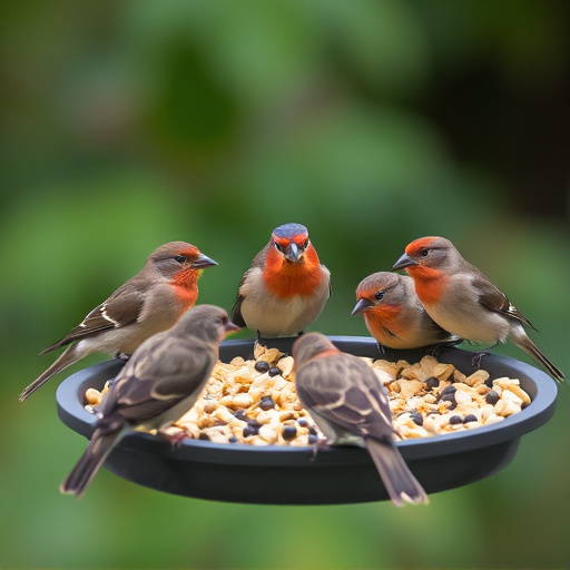 Birds gathered around seed-filled tray