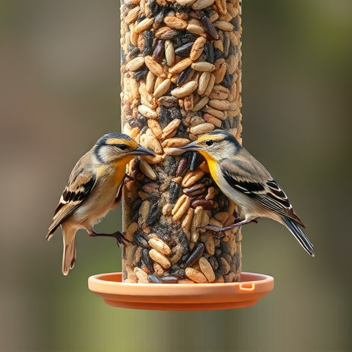Birds pecking at mixed seed blend