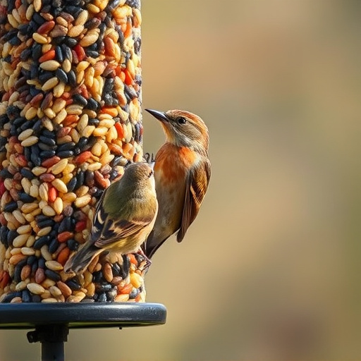 Birds pecking at mixed seed blend