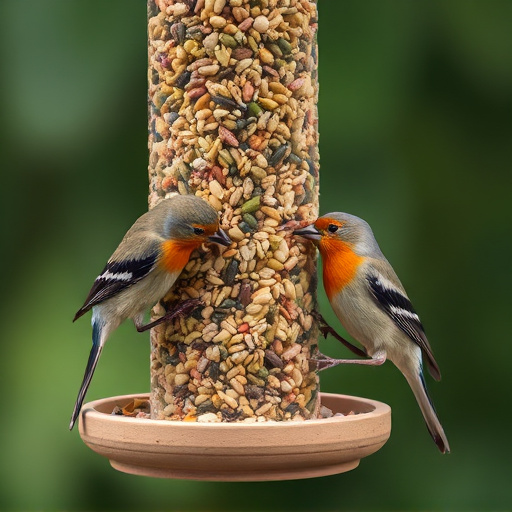 Birds pecking at mixed seed blend