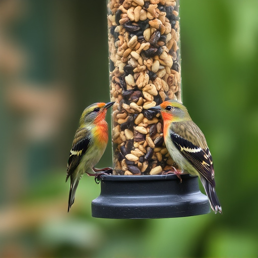 Birds pecking at mixed seed blend