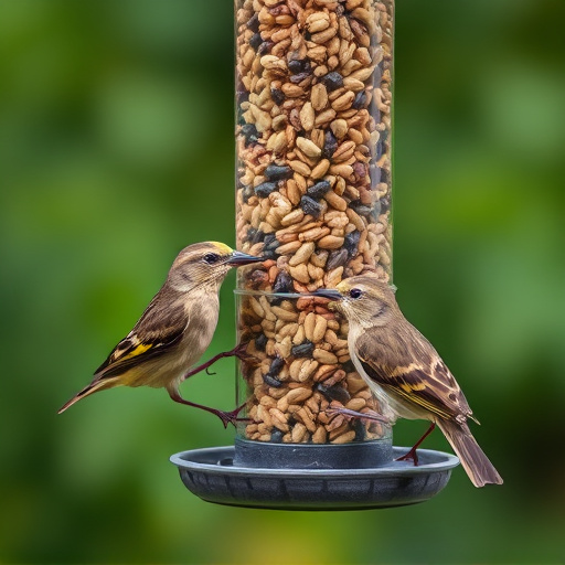 Birds pecking at mixed seed blend